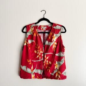 Tommy Bahama Vintage Red Floral Silk Button Up V Neck Vest Blouse - Large